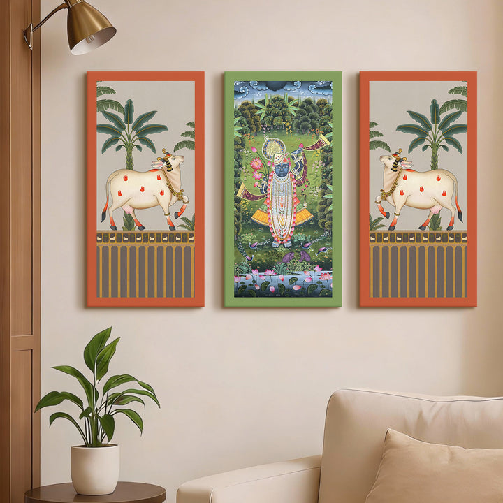 Traditional Pichwai Shreenath Ji Wall Art Set of 3 | HD Print Wrapped Canvas | Perfect for Pooja Room & Office Decor Panels | 12×24 Inch (PICWA40)