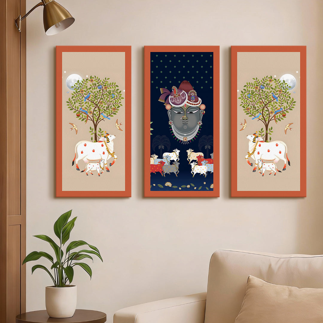 Traditional Pichwai Shreenath Ji Wall Art Set of 3 | HD Print Wrapped Canvas | Perfect for Pooja Room & Office Decor Panels | 12×24 Inch (PICWA38)