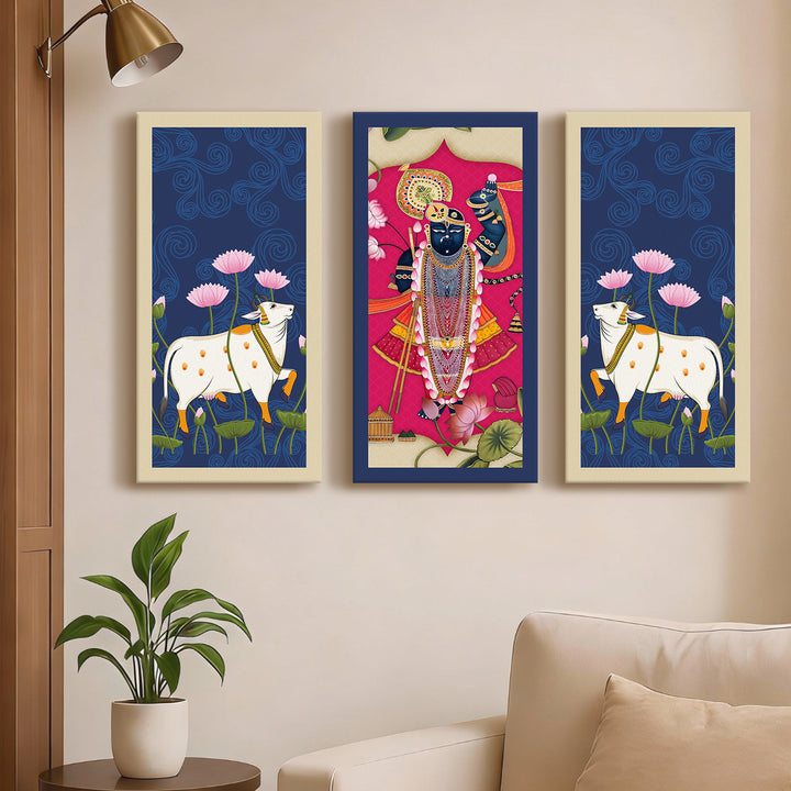 Traditional Pichwai Shreenath Ji Wall Art Set of 3 | HD Print Wrapped Canvas | Perfect for Pooja Room & Office Decor Panels | 12×24 Inch (PICWA37)