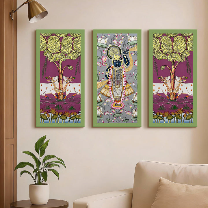 Traditional Pichwai Shreenath Ji Wall Art Set of 3 | HD Print Wrapped Canvas | Perfect for Pooja Room & Office Decor Panels | 12×24 Inch (PICWA41)