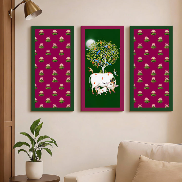 Traditional Pichwai Shreenath Ji Wall Art Set of 3 | HD Print Wrapped Canvas | Perfect for Pooja Room & Office Decor Panels | 12×24 Inch (PICWA39)