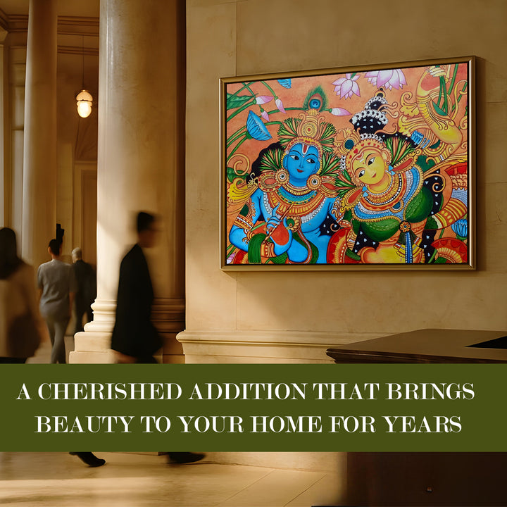 Kerala Mural Wall Art – Vibrant Radha Krishna HD Canvas Print | Painting for Traditional Indian Home & Temple Decor, Size: 36 inch x 48 inch (GOLDEN FLOATING FRAME) (KAMUWA03)