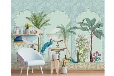 Chinoiseries Pattern with palm tree and Peacock Wallpaper Murals