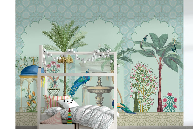 Chinoiseries Pattern with palm tree and Peacock Wallpaper Murals