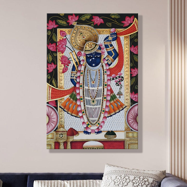 Traditional Pichwai Srinath Ji Wall Art | HD Canvas Print Gallery Wrap Painting | Ready to Hang | Perfect for Home & Office Décor | Size: 20x30 Inch (PICWA46)