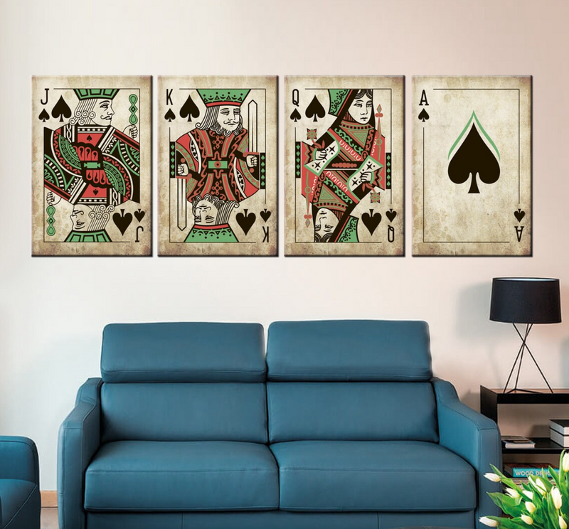 Gaming room, Poker Cards Set Large Canvas Painting, Framed. Set of 4 Spades cards.