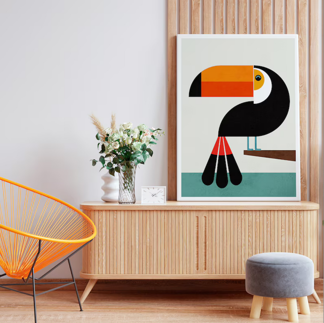Toucan Mid century modern wall art, Stylised bird Geometric, tropical artwork for a Nordic home, Graphic retro wild life illustration Print