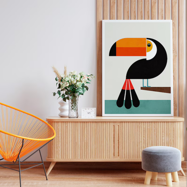 Toucan Mid century modern wall art, Stylised bird Geometric, tropical artwork for a Nordic home, Graphic retro wild life illustration Print