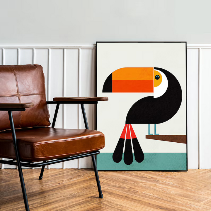 Toucan Mid century modern wall art, Stylised bird Geometric, tropical artwork for a Nordic home, Graphic retro wild life illustration Print