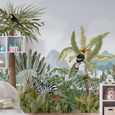 Tropical Jungle with Animals Wallpaper Murals for Kids Room Wall Decoration