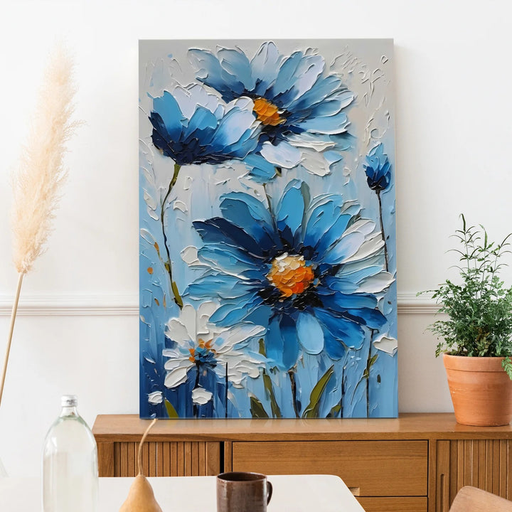 Blue Floral Wall Art Canvas | Modern Textured Flower Painting for Home Decor | HD Canvas Print | Ready to Hang (FLOWA039)