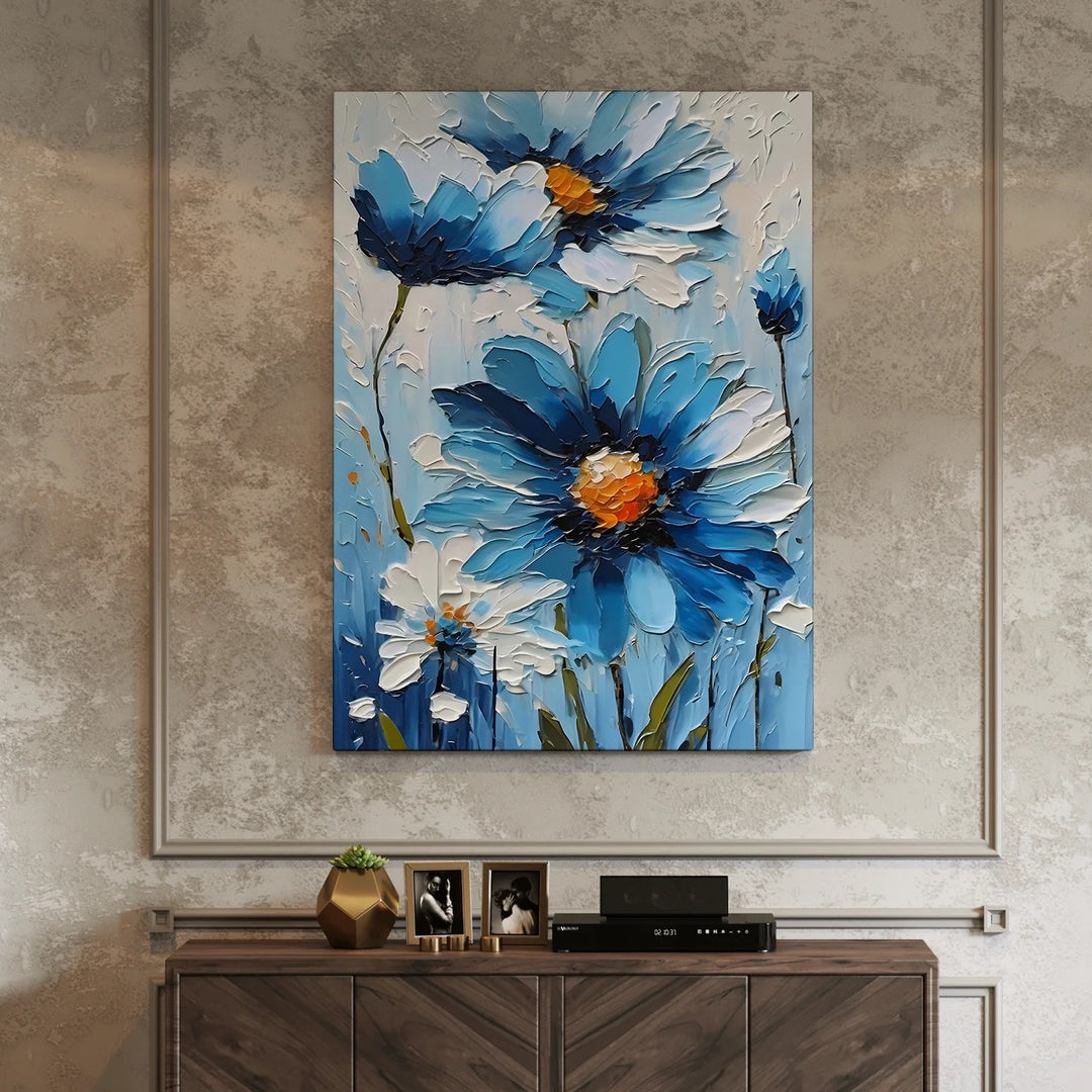 Blue Floral Wall Art Canvas | Modern Textured Flower Painting for Home Decor | HD Canvas Print | Ready to Hang (FLOWA039)