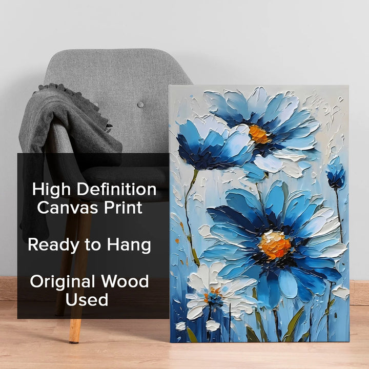 Blue Floral Wall Art Canvas | Modern Textured Flower Painting for Home Decor | HD Canvas Print | Ready to Hang (FLOWA039)