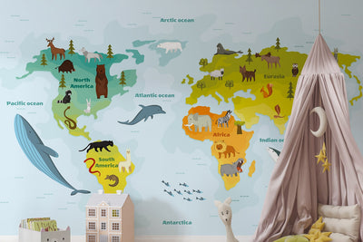 Personalised 3D Animal World Map wallpaper Mural for Kids Room 
