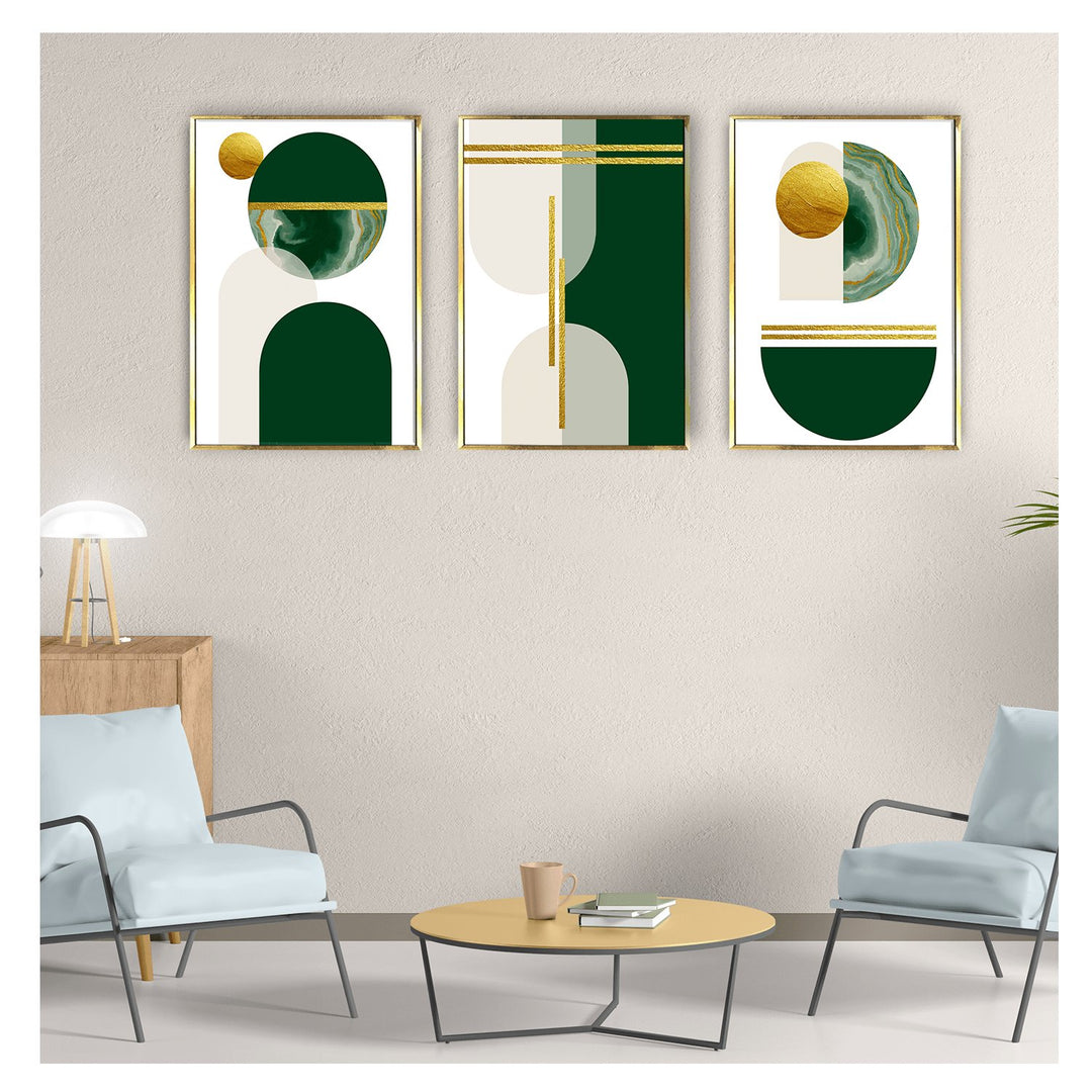 Abstract geometric Shape Dark Emerald Green and Gold Canvas Painting (3_Panels)