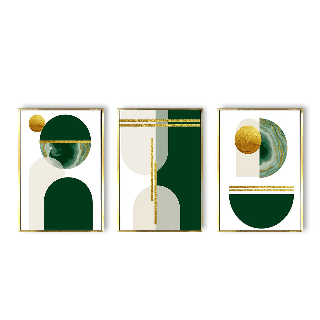 Abstract geometric Shape Dark Emerald Green and Gold Canvas Painting (3_Panels)