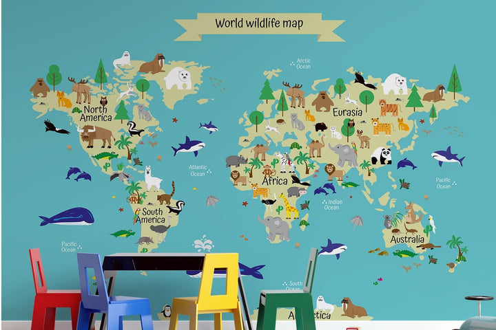 Animal World Map wallpaper Mural for Nursery Kids Room wall Decoration.