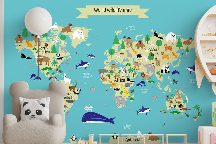 Animal World Map wallpaper Mural for Nursery Kids Room wall Decoration.