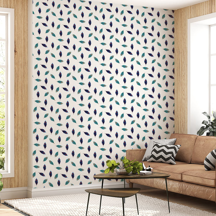 Blue and Green Peacock feather wallpaper for Living Rooms