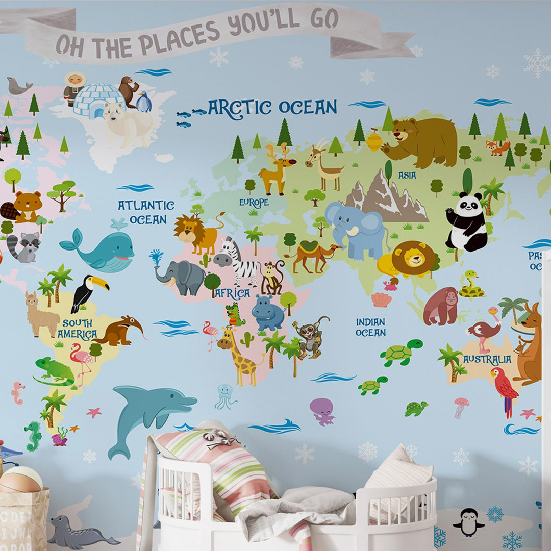 Blue World Map Wallpaper Mural for Kid's Room Wall Decoration