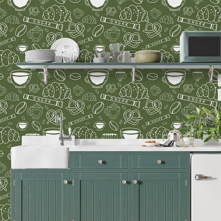 Cafeteria Self Adhesive kitchen wallpaper in green color