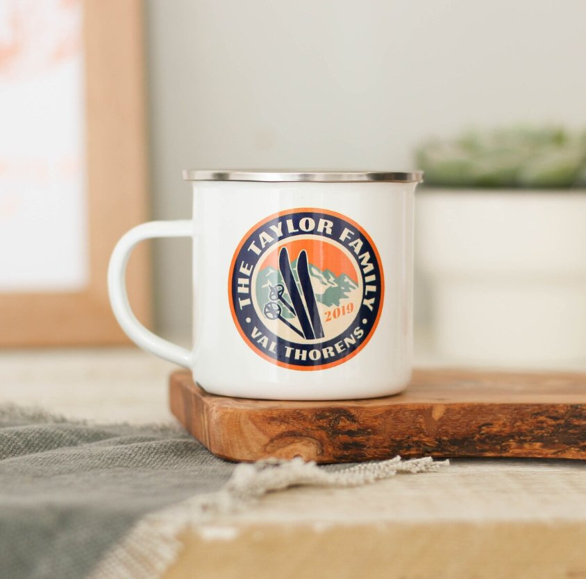 Camping Enamel Mug, Personalised Enamel Mug, Skiing Coffee Mug, Enamel Coffee Mug, Travel Enamel Mug, Adventure Mug