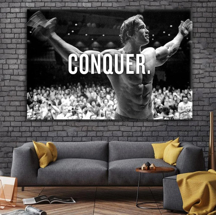 Conquer Arnold Inspirational Canvas Framed Posters With Motivational Quotes in Large Size for Office and Startups.