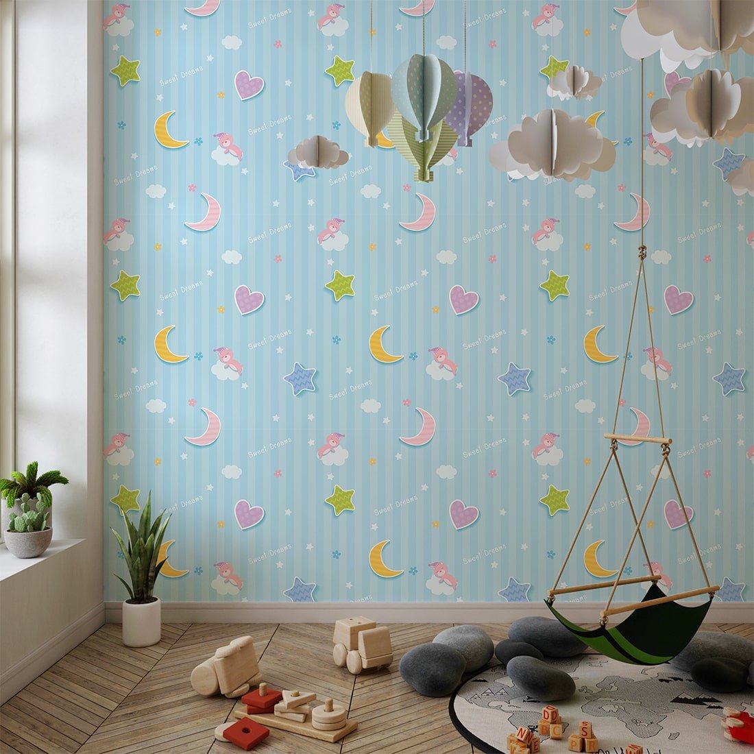 Cozy & Serene Sleeping Bear on Moon Wallpaper for kids rooms