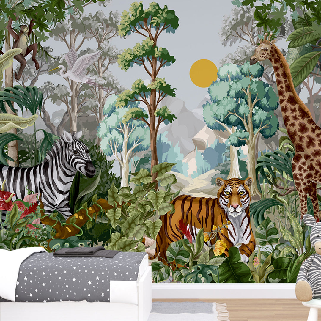 Custom Jungle Animals Tropical Safari Wall Mural For Kids Room Decoration.