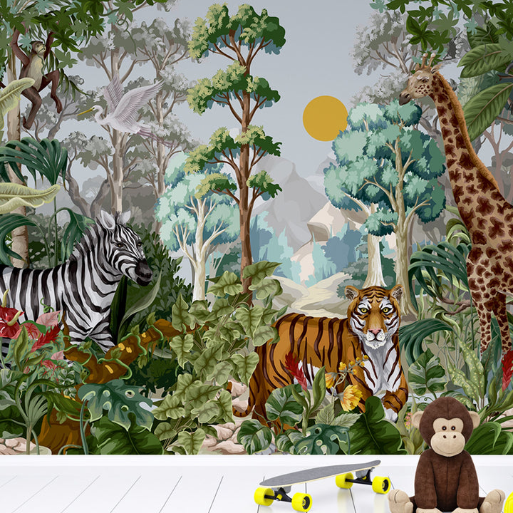 Custom Jungle Animals Tropical Safari Wall Mural For Kids Room Decoration.