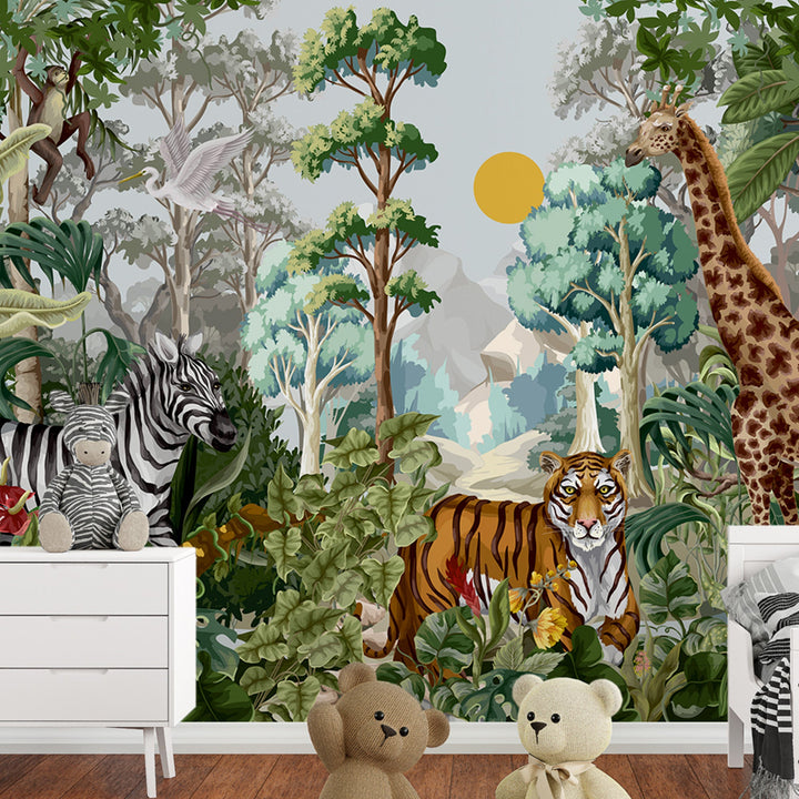 Custom Jungle Animals Tropical Safari Wall Mural For Kids Room Decoration.