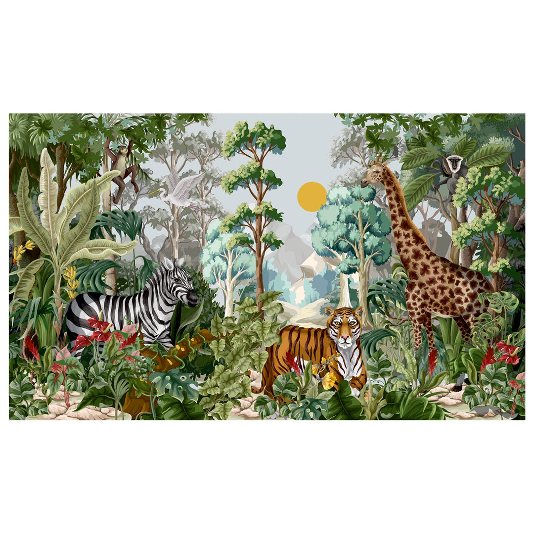 Custom Jungle Animals Tropical Safari Wall Mural For Kids Room Decoration.