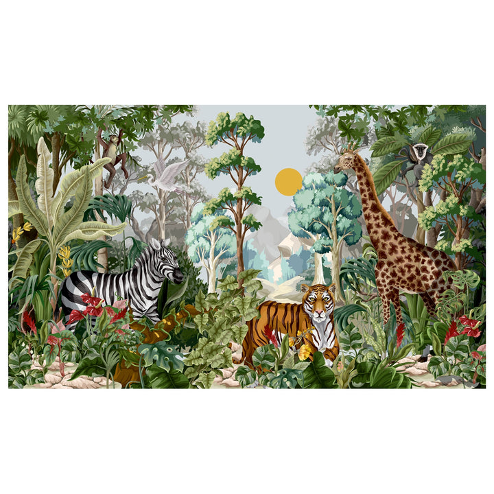 Custom Jungle Animals Tropical Safari Wall Mural For Kids Room Decoration.