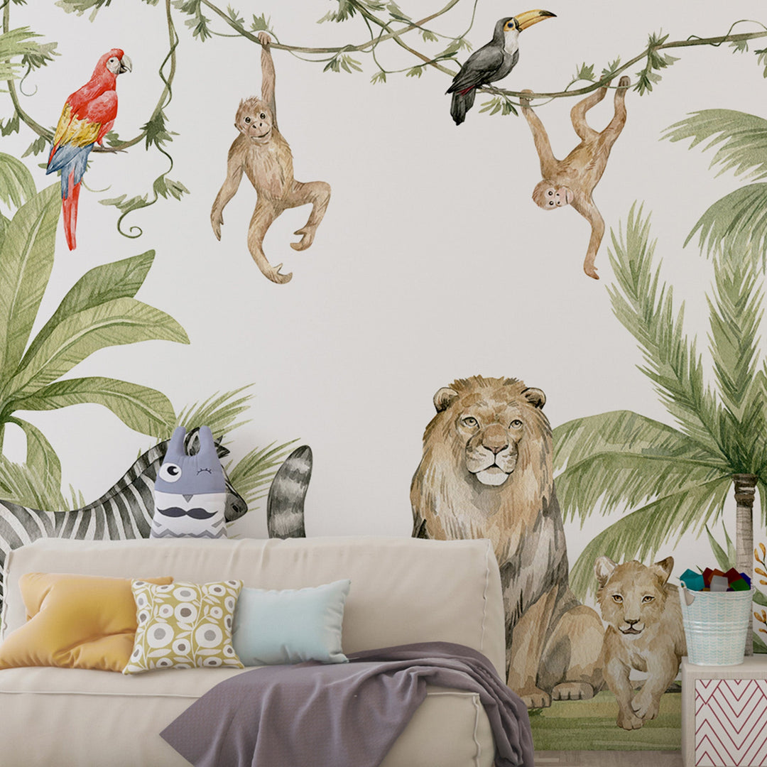 Custom watercolor jungle Nursery 3d wallpaper mural for kids' nursery Rooms