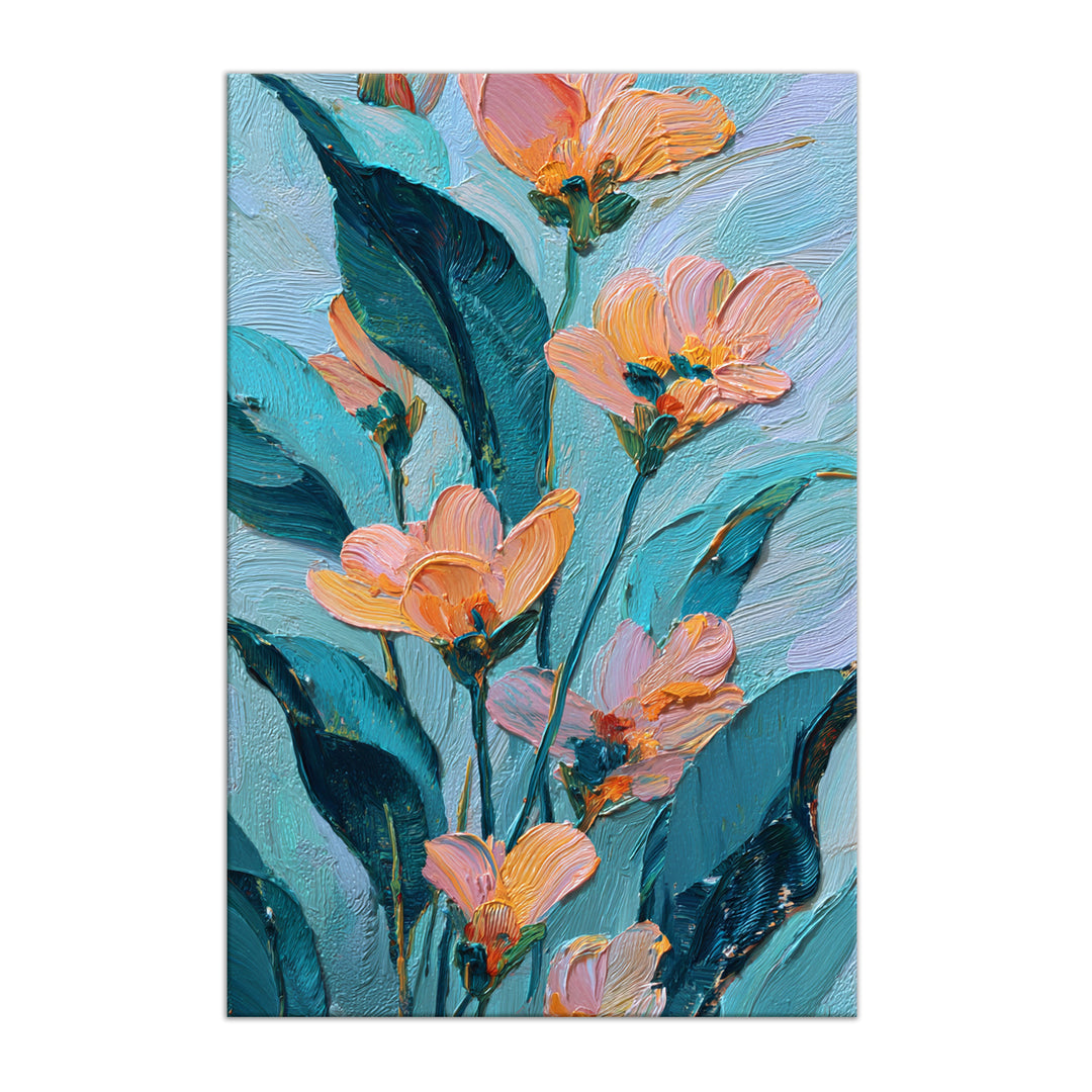 Aqua Peach Floral Art Wrapped Canvas HD Print (FLORAL_WA_041)