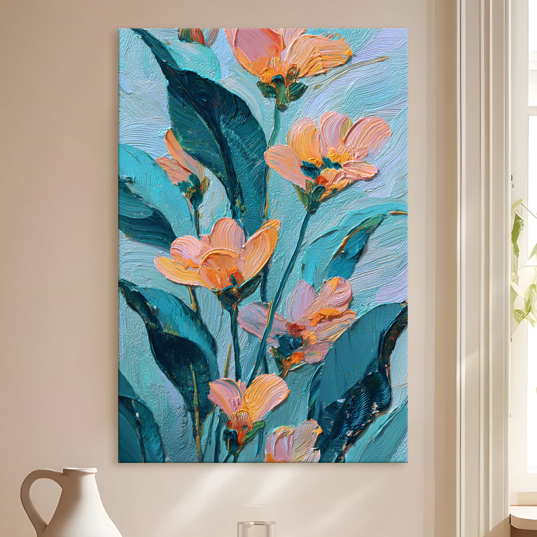 Aqua Peach Floral Art Wrapped Canvas HD Print (FLORAL_WA_041)