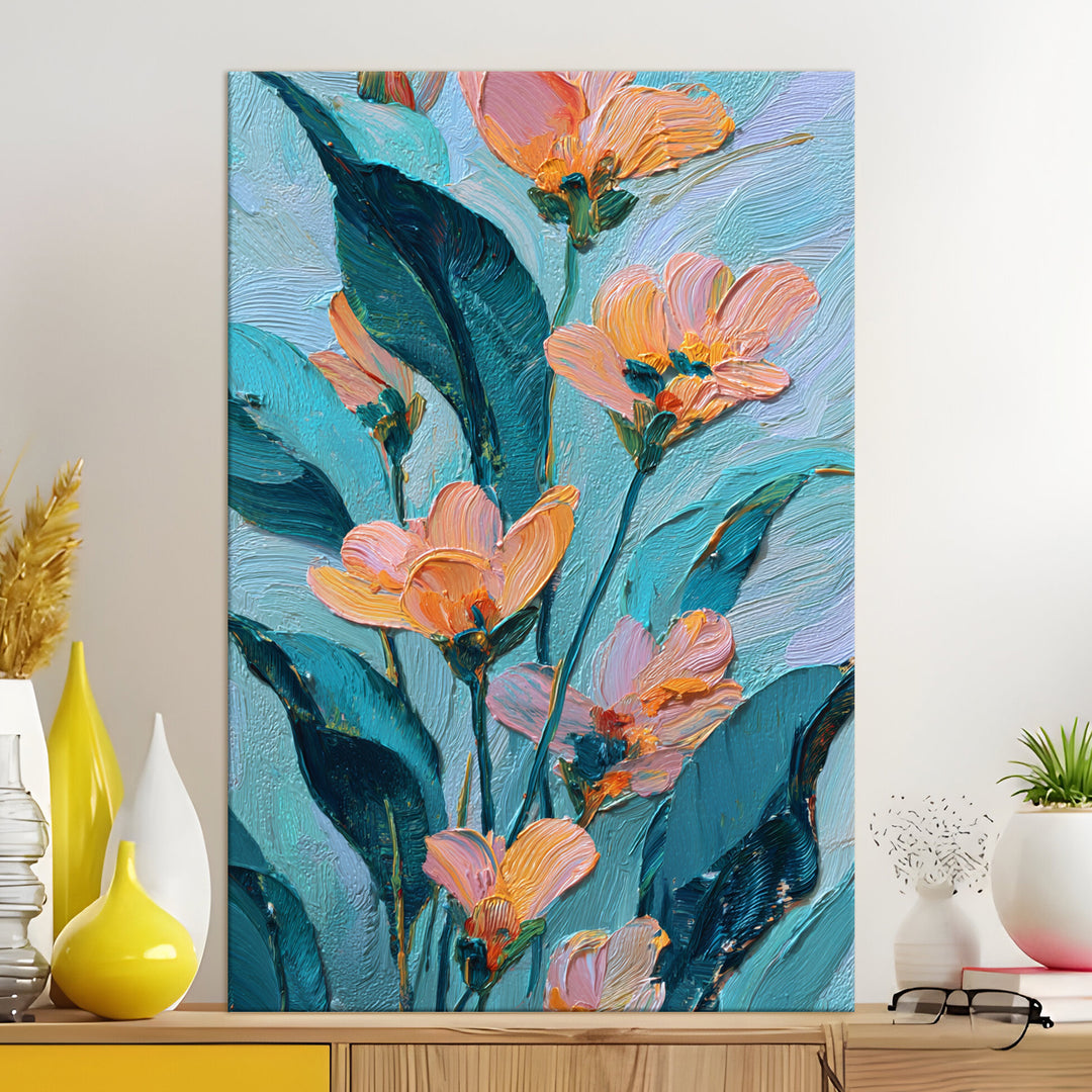 Aqua Peach Floral Art Wrapped Canvas HD Print (FLORAL_WA_041)