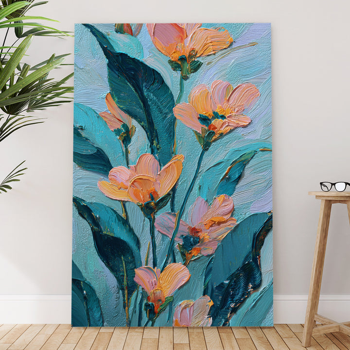 Aqua Peach Floral Art Wrapped Canvas HD Print (FLORAL_WA_041)