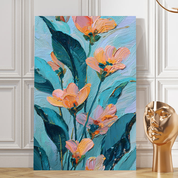 Aqua Peach Floral Art Wrapped Canvas HD Print (FLORAL_WA_041)