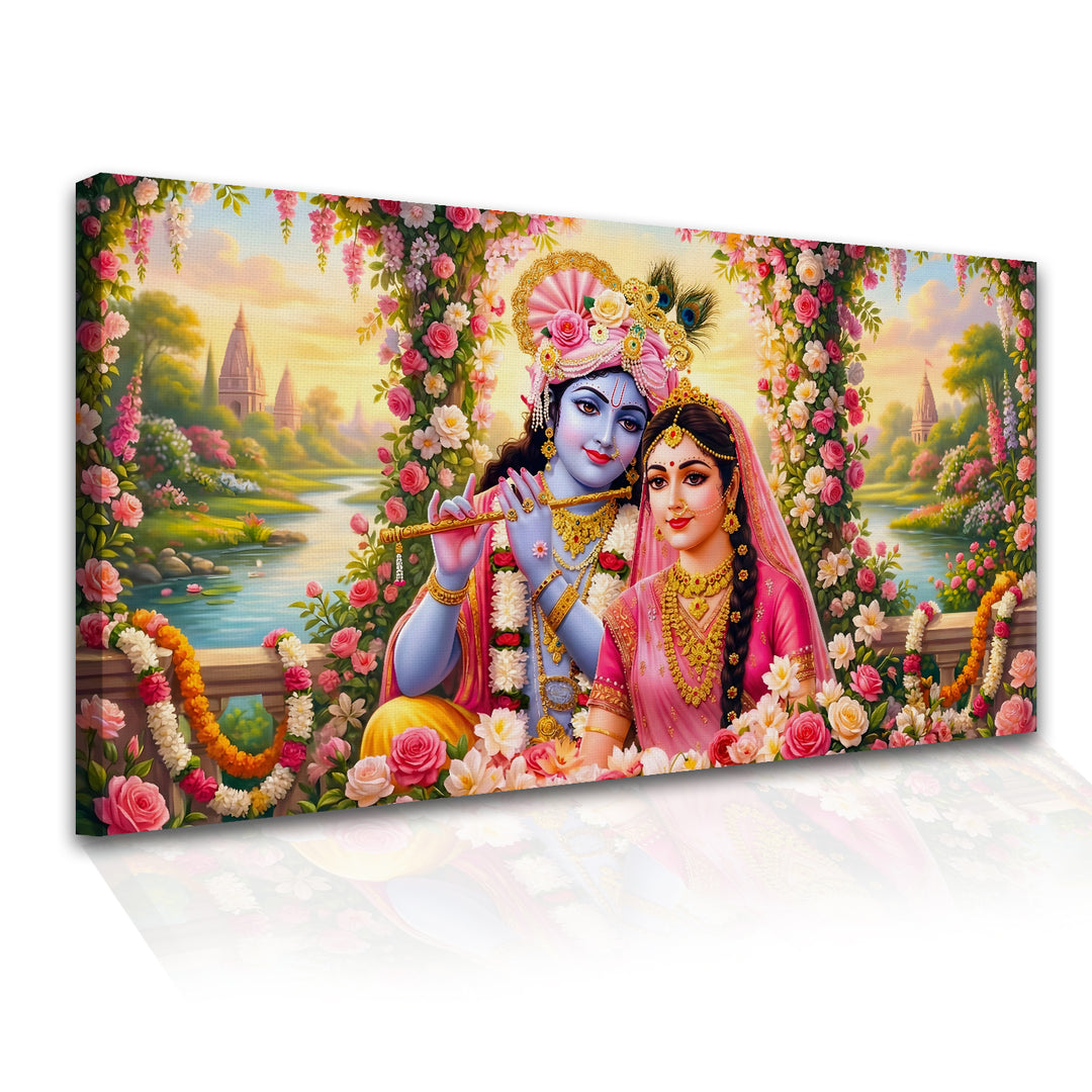 Radha Krishna Divine Harmony Wall Art | HD Canvas Print Gallery Wrap Painting | Ready to Hang | Perfect for Pooja Room & Office Décor | Size: 24x48 Inch (RKWA26)