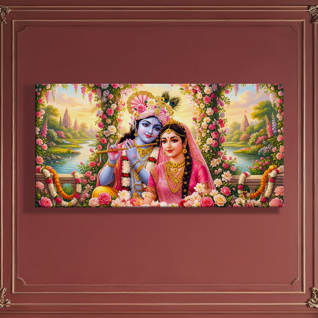 Radha Krishna Divine Harmony Wall Art | HD Canvas Print Gallery Wrap Painting | Ready to Hang | Perfect for Pooja Room & Office Décor | Size: 24x48 Inch (RKWA26)