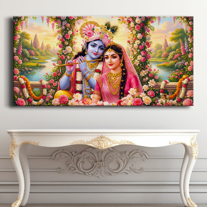 Radha Krishna Divine Harmony Wall Art | HD Canvas Print Gallery Wrap Painting | Ready to Hang | Perfect for Pooja Room & Office Décor | Size: 24x48 Inch (RKWA26)