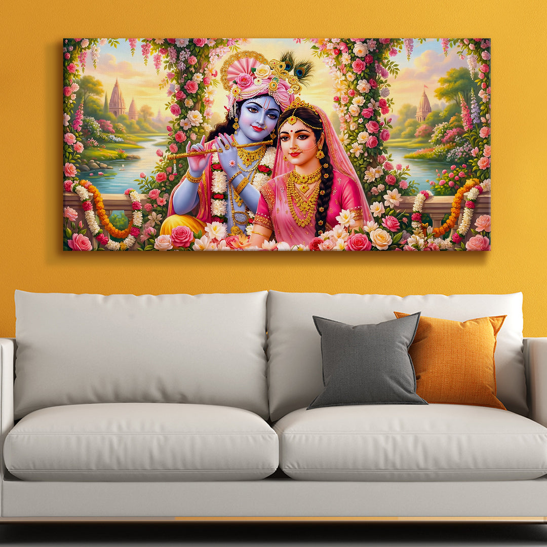 Radha Krishna Divine Harmony Wall Art | HD Canvas Print Gallery Wrap Painting | Ready to Hang | Perfect for Pooja Room & Office Décor | Size: 24x48 Inch (RKWA26)