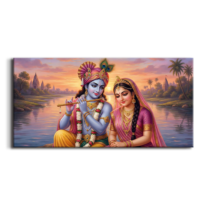 Radha Krishna Divine Harmony Wall Art | HD Canvas Print Gallery Wrap Painting | Ready to Hang | Perfect for Pooja Room & Office Décor | Size: 24x48 Inch (RKWA27)
