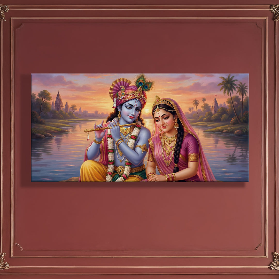 Radha Krishna Divine Harmony Wall Art | HD Canvas Print Gallery Wrap Painting | Ready to Hang | Perfect for Pooja Room & Office Décor | Size: 24x48 Inch (RKWA27)