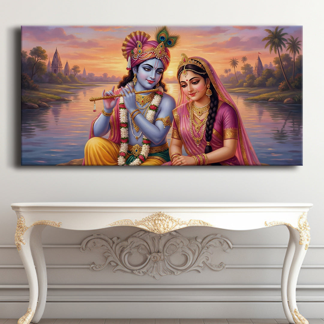 Radha Krishna Divine Harmony Wall Art | HD Canvas Print Gallery Wrap Painting | Ready to Hang | Perfect for Pooja Room & Office Décor | Size: 24x48 Inch (RKWA27)