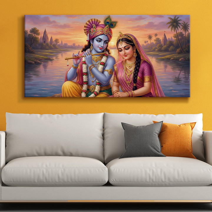 Radha Krishna Divine Harmony Wall Art | HD Canvas Print Gallery Wrap Painting | Ready to Hang | Perfect for Pooja Room & Office Décor | Size: 24x48 Inch (RKWA27)
