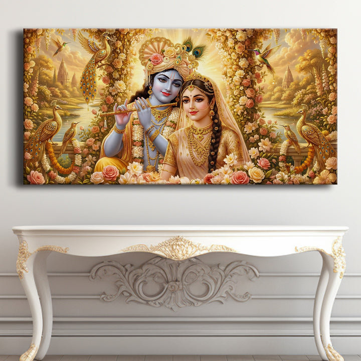 Radha Krishna Divine Harmony Wall Art | HD Canvas Print Gallery Wrap Painting | Ready to Hang | Perfect for Pooja Room & Office Décor | Size: 24x48 Inch (RKWA28)