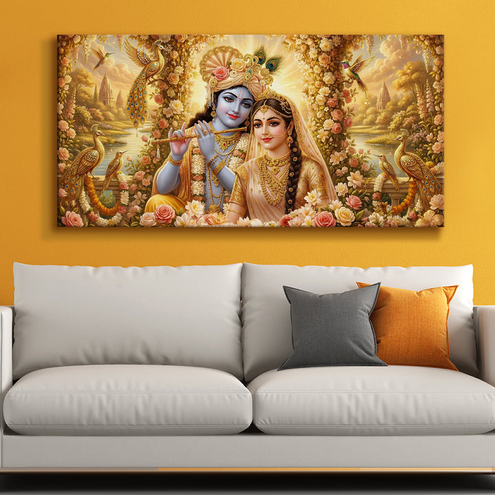 Radha Krishna Divine Harmony Wall Art | HD Canvas Print Gallery Wrap Painting | Ready to Hang | Perfect for Pooja Room & Office Décor | Size: 24x48 Inch (RKWA28)