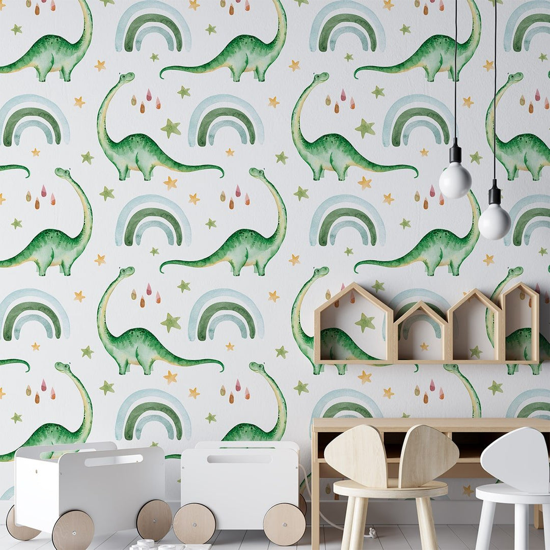 Dinosaur Rainbow Raindrop White/Green Wallpaper for Nursery Kids Bedroom